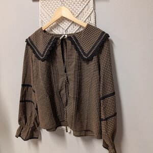 Vintage-Inspired Brown Checkered Blouse Peter Pan Coat Tie Front Prairiecore